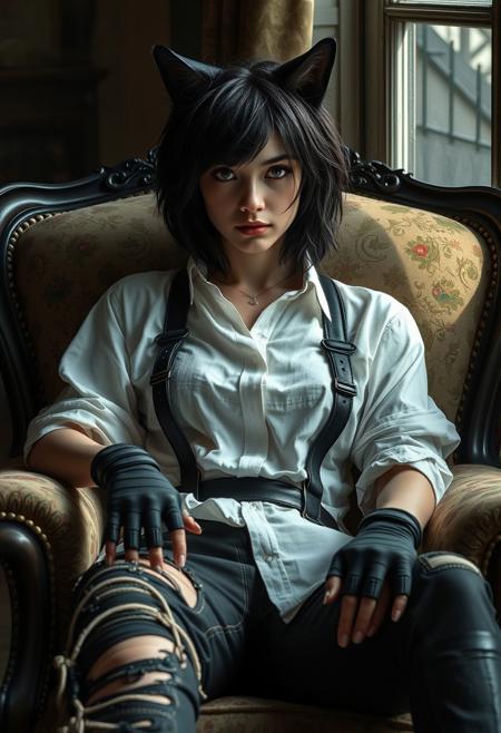 "A lifelike portrayal of a mysterious young woman with feline characteristics, her dark, unkempt hair framing her striking face and prominent black cat ears. She reclines in a vintage, ornate armchair upholstered with floral patterns, exuding a casual yet intense demeanor. Her outfit consists of a loose-fitting white shirt tucked beneath leather straps, paired with weathered, torn pants and fingerless gloves, each rendered with intricate textures. Subtle natural light from a window casts highlights and shadows across her face and clothing, adding depth and realism to the scene. The ambiance conveys a gritty yet elegant tone, blending mystery with rebellion."