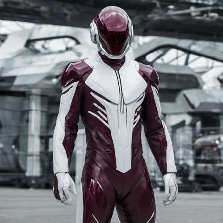 A man in a scifi style maroon and white suit