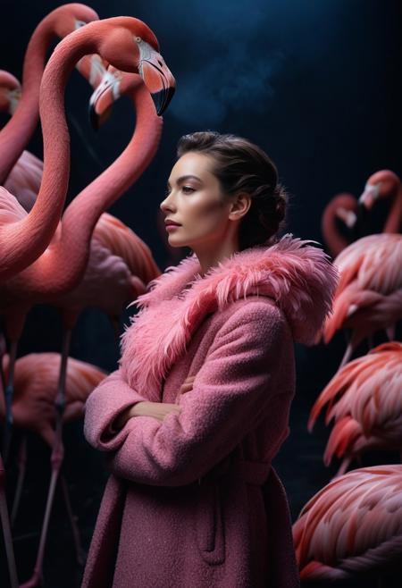 cinematic photo of a woman with a pink feather coat hugging a group of elegant pink flamingos in a black studio background, surrealism, coat designed by Balenciaga, nostaligic mood, dark blue, rembrandt lighting, blue and warm lights, shot with Hasselblad X1D, A cinematic, hyper-detailed, National Geographic-style composition, shot with a Canon EOS R5, f/1.4 aperture, soft bokeh background, 8K resolution, photorealistic,