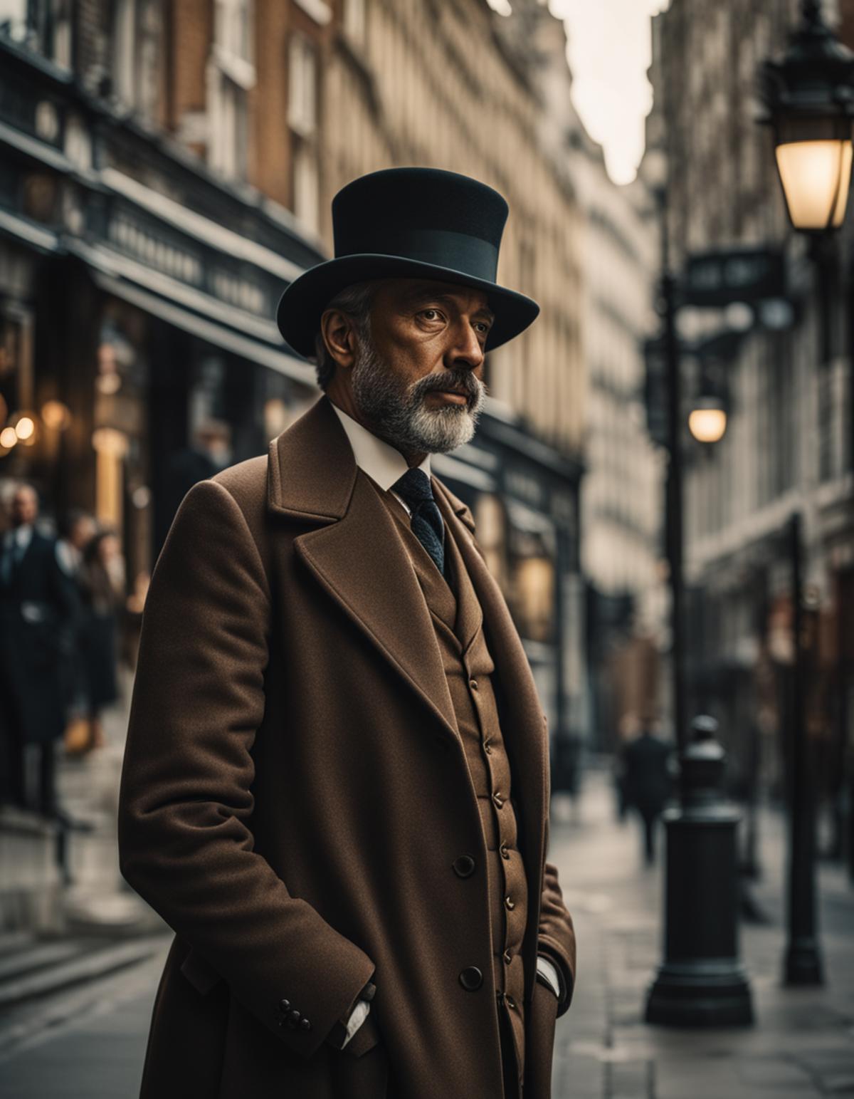 Man in a suit and hat standing on a city street.