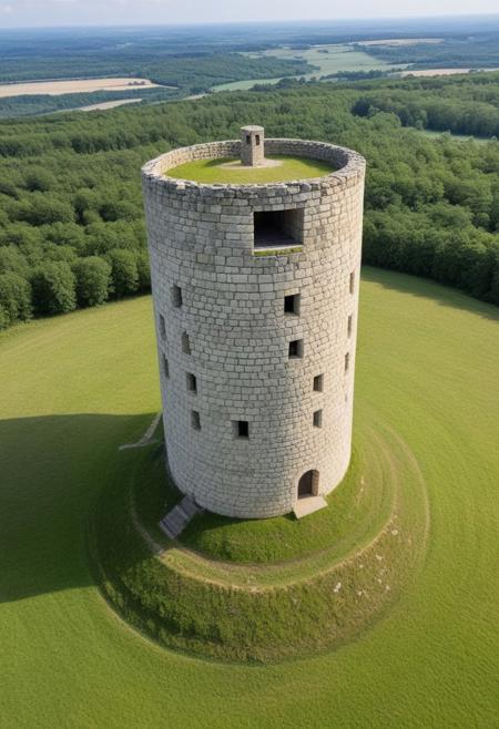 A bunker in the shape of a Stone Age tower, at the top of this tower two soldiers, watchtower,