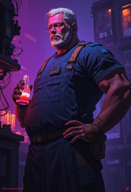 cyberpunk, extremel detailed raw nighttime night photograph, character in dark shadows neonlit rimlight,  arthouse romance film scene, cinematic atmosphere dark gloomy atmosphere, hyperrealistic digital rennaissance oil painting, by gengoroh tagame and jiraiya and goh fujimoto, dark room at night, german bavarian mature manly hairy musclechub man, huge muscular steroid arms, tanned sweaty oiled skin, big hairy belly, very hairy body, detailed bodyhair, blonde brown short hair, in evil scifi hypermodern science lab full of advanced machinery, he is holding a vial with glowing bubbling red liquid, one hand on hip, dark purple and orange neonlights, he exudes a powerful dark aura, he is wearing a dark blue fullbody overall with suspenders and a toolbelt with many leather pockets, brown leather bracers, scottish kilt, glasses, heavy metal rock musci vibes, looking at the viewer with a shy cute loving caring expression, gentle smile