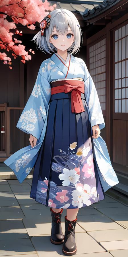 jyojifuku, furisode, hakama, floral print, hair ornament, boots