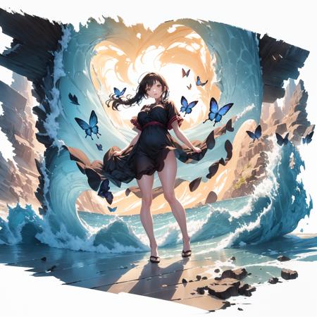 [(white background:1.5)::5], isometric,
1 girl, mid shot, full body, 
standing on ocean, sea waves, water splashes, sky, detailed moon, light particles, butterflies, night, starry sky,
<lora:Gacha Splash fantasy 2.0:0.9>