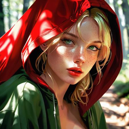 score_9, score_8_up, score_7_up, ( hooded face,face focus, eye focus), 1girl, freckles, slutty petite bombshell, mysterious smile, skinny, detailed skin, wearing a red hooded cape, hooded face, cape wrapped around her, sexy, big breast, blonde hair , ponytail, big pretty green eyes, innocent eyes, sexy, side view playful, forest path, dirt path, sunny day hike, concept art, cell shading, masterpiece, detailed face, beautiful, dark fantasy style, <lora:style_lora_adafactor:0.8>