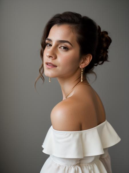 Realistic photo of a beautiful 3mm4w-v2 woman,  1girl, solo, simple background, brown hair, long sleeves, bare shoulders, brown eyes, jewelry, upper body, earrings, parted lips, teeth, grey background, off shoulder, lips, looking to the side, looking away, realistic, nose, hand on own chin, soft lighting, professional Photography, Photorealistic, detailed, RAW, analog, sharp focus, 8k, HD, high quality, masterpiece<lora:3mm4w-v2:1.0>
