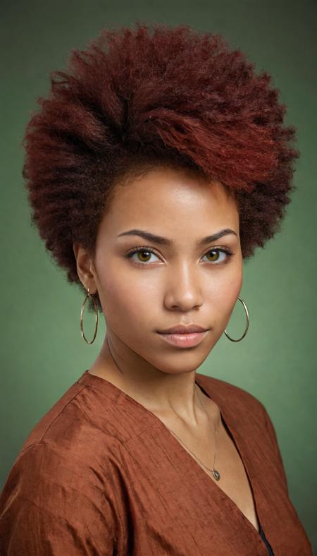 Create an (artistic:1.3) photographic portrait, capturing the essence of a unique individual. Tailor the portrait to your vision by selecting from the following dynamic options:
Type of Person and Age: Young Woman .
Hair Color: Mahogany Red .
Hair Style: Natural Afro .
Eye Color: Earthy Green .
Ethnicity: Indigenous .
Emotion: Powerful and Determined .
(Skin Detail: The skin exhibits intricate, pore-level details, with sharp and clear skin texture, enhancing the realism and depth of the portrait.)
<lora:add-detail-xl:2> <lora:sdxl_offset_example_v10:1>
