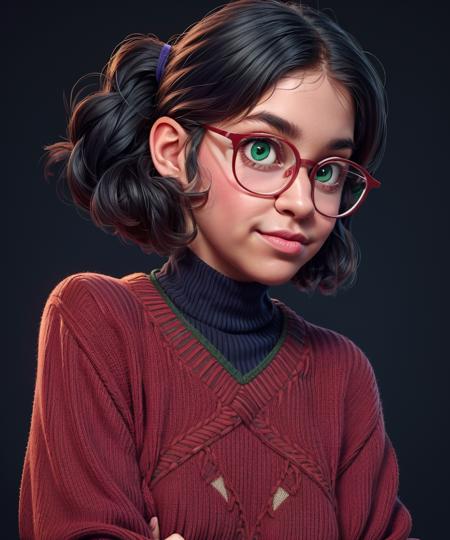 1Girl,  [Zainabtt with (glasses ,tilted eyes:1.3)]  <lora:zainabtt:1.25>, solo, sweater, red sweater, looking at viewer, blue background, black hair, simple background, two side up, Green eyes, lips, closed mouth, turtleneck sweater, upper body , ribbed sweater, nose,     <lora:more_details:0.4>   <lora:3DMM_V12:1>