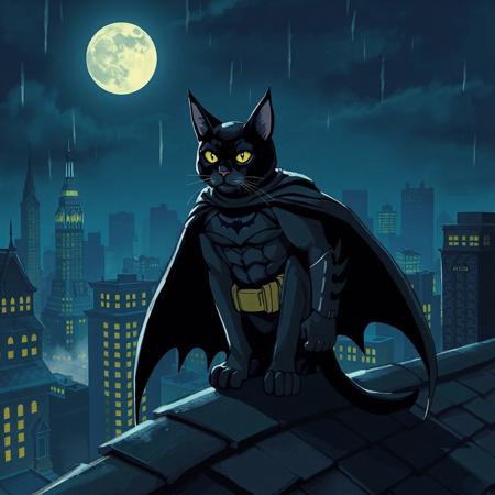 a cat in a batman suit over a roof in gotham city in the night