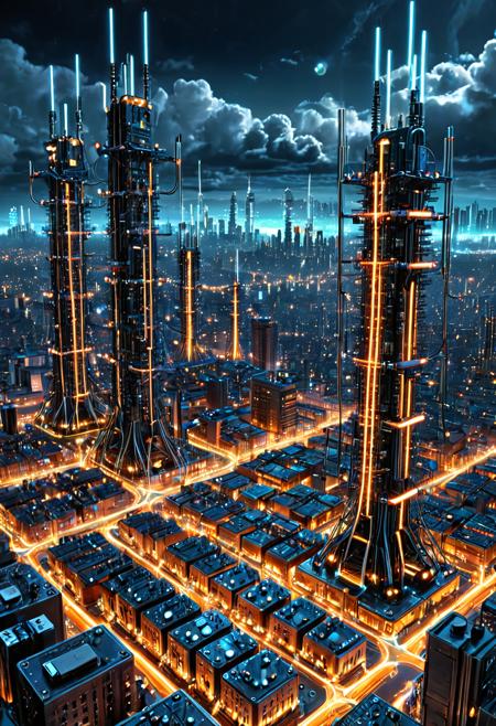 (masterpiece), (best quality), ultra-detailed, futuristic cityscape, Transistors, neon circuitry, glowing cables, electric arcs in the sky, cyberpunk skyline, overcharged energy grid, reflective metal surfaces, night time, digital clouds, pulsating electric lights, sci-fi environment, energy towers