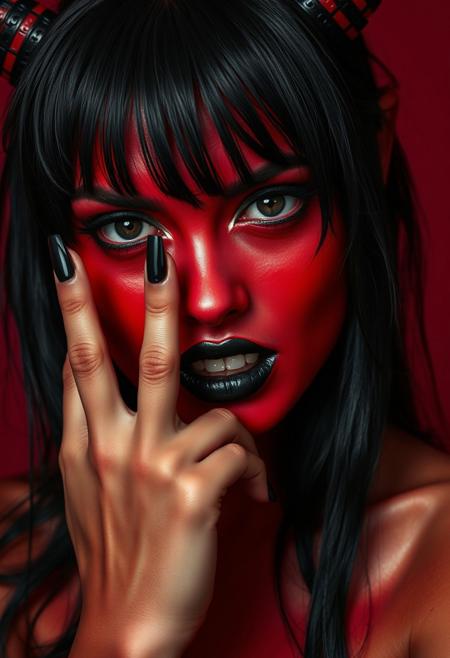 Portrait of a 36 year old beautiful bright red skinned  female with deep wet sweaty   Her face looks demonic although pretty . She jet black shiny hair with bangs , the hair that is styled to slightly resemble a succubus’s horns. Their skin is shiny blood red Their pupils are black onyx colored and look slightly inhuman teeth with elongated canines  , gloss black lipstick that looks moist and wet and is dripping blood . Sexy and sensual as if enticing the viewer with one hand becoming with a finger. Her long sharp fingernails are shiny onyx black