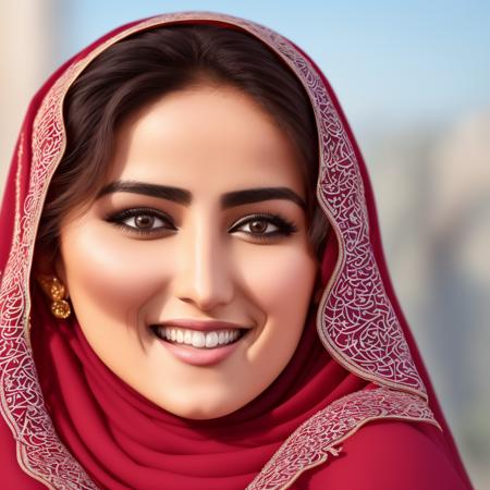 25yo Arabic smiling female looking at the viewer, a detailed face,  attractive, underboob, full elegant dress, wavy chestnut hair, ((closeup)), perfect eyes, (interior home background), (photorealistic), intricate, highly detailed, absurd res, symmetrical, backlighting, colorful,  concept art, (photography:1.5), sharp focus, illustration, award-winning, 8K.