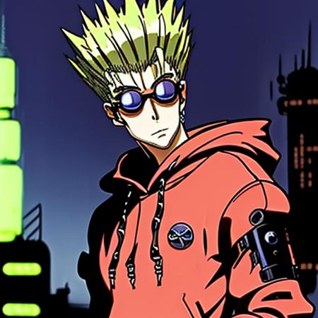 Trigun anime chibi character <lora:Trigun:1>, (weared hoody:1.3), with glasses, in neon town cyberpunk, atompunkstylesd15