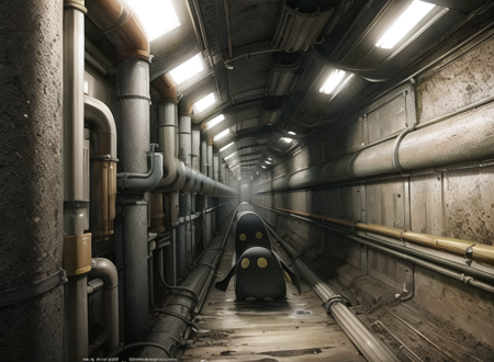 a tunnel with pipes and valves in it, <lora:Pipe-15:1>,penguin,dirt,steam,moisture,mud