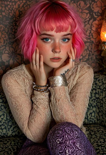 The image is a high-resolution, color photograph of a young woman with vibrant, short pink hair styled in a voluminous, tousled manner with bangs framing her face. Her skin has a light, slightly sun-kissed complexion with a scattering of freckles across her cheeks and nose. She has piercing blue eyes, a small nose ring, and full, slightly parted lips. Her expression is contemplative and slightly melancholic, with her hands supporting her face, fingers gently touching her cheeks.
She is dressed in a casual, eclectic outfit that includes a sheer, beige, long-sleeve top with intricate lace detailing, which contrasts with her vibrant hair color. She is wearing multiple bracelets on her arms, including a chunky silver cuff, and a couple of rings on her fingers. Her attire also includes patterned leggings with a mix of pink, purple, and orange hues.
The background is softly blurred but suggests an indoor setting, possibly a cozy, dimly lit room with an eclectic decor. The walls are adorned with what appears to be vintage or bohemian-style wallpaper featuring floral and abstract patterns. She is seated on a textured, patterned surface, possibly a cushioned sofa or chair, with the soft, muted lighting enhancing the intimate, moody atmosphere.