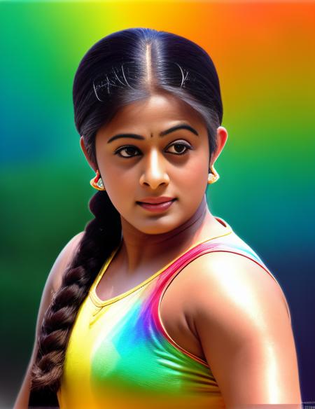 Priyamani, photograph, Medieval art, Elastic Smooth portly Girl surrounded by Rainbows, Ultrarealistic, Regret, film grain, Kodak gold 200, macro lens, Saturated, dslr,  <lora:PriyamaniSD1.5:1>