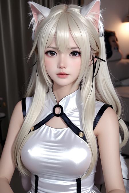 cat ears, black eyes,
<lora:XiaMo_XL-000010:0.8> xiamo 1girl, indoors, breasts, long hair, white dress, bangs, contrast, shiny, shiny hair, shiny skin, shiny clothes, masterpiece, extreme details, detailed, focus, masterpiece, realistic, photorealistic, 4k, 8k, 16k, highres