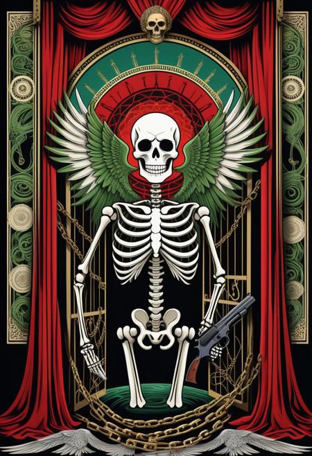 punk skeleton holding a gun, shepard fairey style , Majestic Eagles, Electronic Ink Displays, Lush Green Valley, Cloud Computing Facility, (zentangle, mandala, tangle, entangle:0.6), Kerberos ,red,chains,The Captive Angel,4 devil,slave,puppet,desert,black hole gate,curtain,ship, (Hyperreal:1.4), (((full body shot:1.5))), raw, emotional, dynamic, distortion for emotional effect, vibrant, use of unusual colors, cute cinematography, (realistic, photo realistic:1.4), detailed eyes, detailed face, detailed skin
