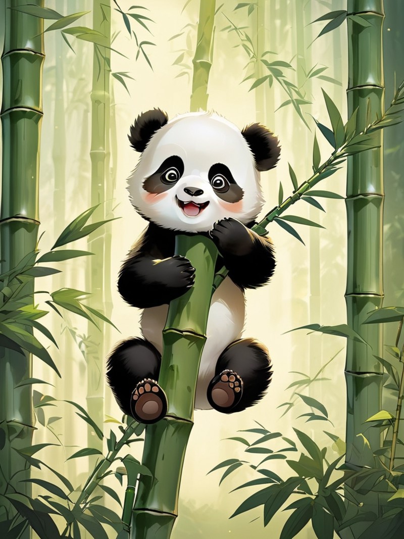 An adorable depiction of a baby panda clumsily climbing a small bamboo shoot, with a backdrop of a misty, serene bamboo fo...