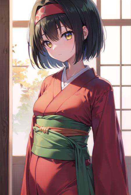 pokemonerika, (yellow eyes:1.5), black hair, headband, short hair, japanese clothes, kimono, hakama, red hakama, long sleeves, wide sleeves,