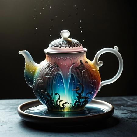lazypos
A ((stunningly detailed and elegant)) teapot, crafted from translucent glass, adorned with intricate, iridescent patterns that give off a soft, captivating glow. Colorful ink splats emanate gracefully from its spout, forming a (((beautifully detailed miniature waterfall within the teapot)))—each drop reflecting vibrant hues that shift like fragments of a dream. Within this cascade, a (tiny, whimsical creature) with a (transparent form) and a (tiny, upturned nose) adds a playful touch.
Yet beneath the charm lies a quiet surrealism: faint, shifting silhouettes seem to drift just behind the glass walls, and the waterfall's colors subtly swirl into darker tones—like ink bleeding into forgotten memories. The teapot sits in a pool of soft shadow, and a subtle haze lingers in the background, giving the illusion that the air itself remembers something lost.
The scene is (softly backlit) with (a serene, gently diffused light), casting glints of spectral shimmer across the surface. This (miniature fantasy world) now exudes not just elegance and enchantment, but a whisper of the uncanny—a colorful, surreal atmosphere with subtle macabre undertones, like a dream one isn't sure they wanted to wake from