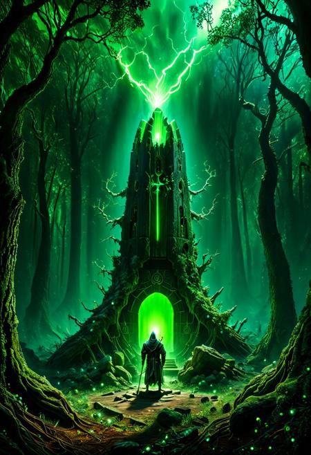 Enter a realm forsaken by the gods, a necrotic wood where the very air reeks of decay and rot. Twisted, gnarled trunks claw at the sanguine sky, their grasping branches like the skeletal fingers of long-dead sorcerers. Mist swirls between the boles, clinging to the earth like a burial shroud.
Shattered monuments to forgotten deities dot the forest floor, their crumbling stones covered in lichen and mold. Bone fragments, bleached white and picked clean, lay scattered among the detritus, mute testimony to unspeakable rites conducted in ages past.
At the heart of this blighted clearing rises a dais of obsidian, polished smooth as if by the touch of a thousand year's worth of worshippers. Upon its altar-top surface, a pulsating organ of indeterminate origin throbs with an eerie, otherworldly beat. Veins of sickly green light race across its surface, converging at a central node that seems to suck the very essence from the surrounding woods.
Before this profane offering kneels a robed figure, cowled and inscrutable.
sci-fi, alien-worlds, eeriness, futuristic, outer-space, science-fiction, alien-themed, extraterrestrial, cosmic, otherworldly, mysterious, 
concept-art, adventure, fantasy, whimsy, dreaminess, digital, illustration, magic, 
beautiful, painterly, textural, artistic, aesthetic, 
intricate details, highly detailed, ultra-detailed, absurdres, vivid, vibrant, volumetric lighting, 
Necron,, electricity, green glow, green theme,, aid291, midjourneyv6.1, ais-particlez