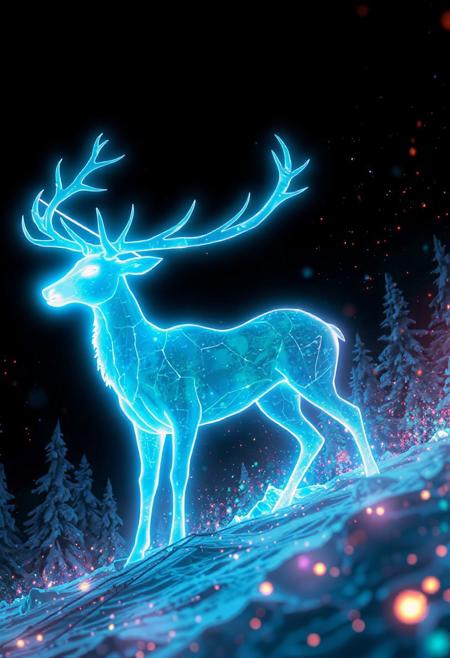 JNANX,luminous white silhouette,cyan glow,emerald highlights,flickering outline,dreamlike movement,rippling colors,drifting embers,infinite black background,psychedelic colors,ethereal,futuristic surrealism,gw,glowing,night,night sky,trippy,
score_9, score_8_up, score_7_up, source_anime, deep colors, high quality, high resolution, detailed, highres, 
fr0stwrld, snow, ice,
ice deer cyb0rg, science fiction, cable, mechanical parts,
mountain forest background,