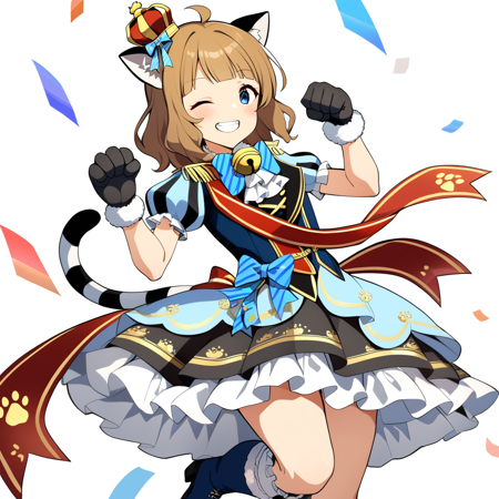 1girl, suou momoko, gatto-marciale, white neckwear, blue dress, white background, standing, black skirt, ahoge, hair bow, fur-trimmed gloves, wavy hair, vest, paw pose, black gloves, looking at viewer, hand up, cat ears, light brown hair, striped neckwear, frilled legwear, crown, black footwear, short hair, paw print, epaulettes, smile, blunt bangs, medium hair, animal hands, frilled skirt, fur trim, frilled sleeves, standing on one leg, cat girl, leg up, confetti, one eye closed, open mouth, black legwear, frills, blue footwear, arm up, eyebrows visible through hair, striped bow, cat tail, blue bow, kemonomimi mode, animal ear fluff, puffy short sleeves, short sleeves, striped tail, blush, frilled dress, puffy sleeves, ;d, animal ears, mini crown, brown hair, blue neckwear, blue shirt, tail raised, kneehighs, boots, blue eyes, teeth, knee boots, grin, striped ribbon, solo, puff and slash sleeves, fur-trimmed collar, red sash, gold trim, neck bell, white neckerchief, blue bowtie, striped bowtie, tilted headwear, frilled gloves, layered dress, high heel boots, fur-trimmed boots, red waist ribbon, masterpiece, best quality <lora:suou_momoko_sdxl_v1:0.7>