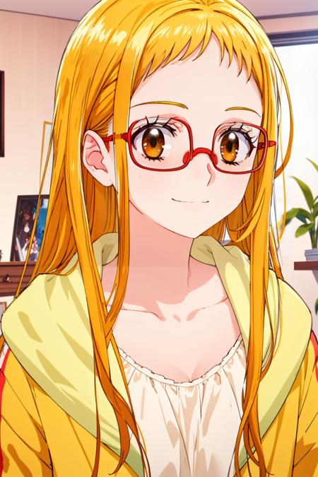 <lora:urara_otona:0.6> urara_otona, yellow jacket, yellow shirt, glasses, portrait, smile, solo, in the room, mature female, looking at viewer, day,