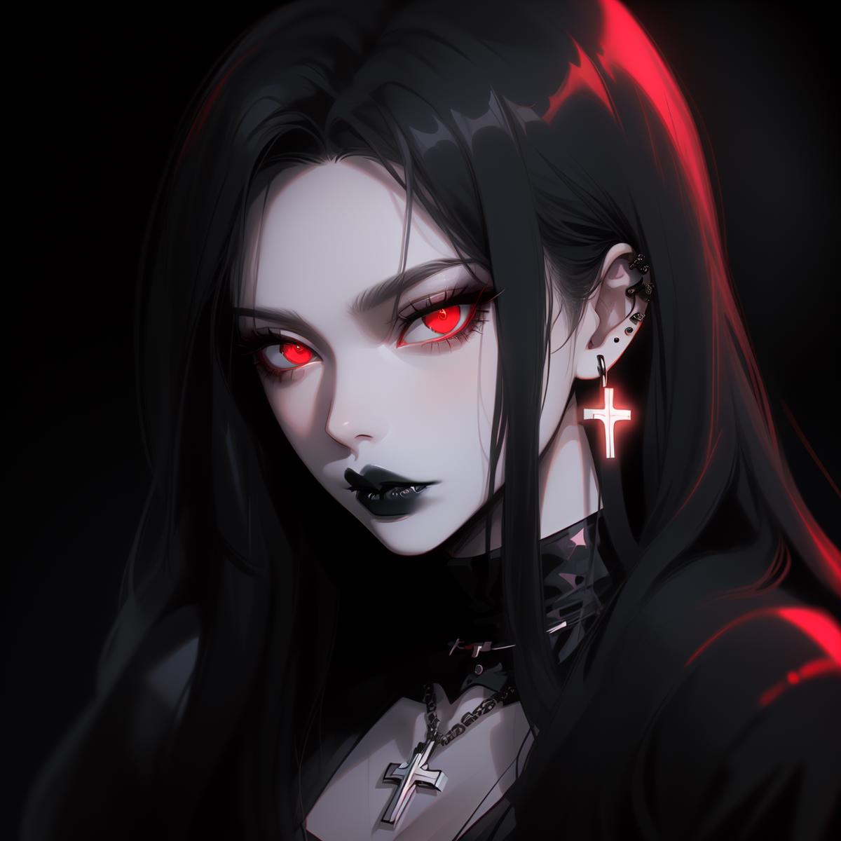 A darkly colored, anime-style woman with a cross earring and red eyes staring straight ahead.