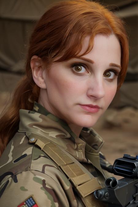 professional photograph of V4lka woman, redhead, full body, she's an army soldier, military uniform, in a combat zone, she's wearing an USA military uniform with camouflage. (Background is a desert of the Middle East), she's holding an MP4 rifle and looking at the viewer with a determined face. Action heroine, 4k, 8k, masterpiece, highest quality, bokeh, geiger, (active firefight) (marvel cinematic universe)  highly detailed eyes  <lora:2024-02-06_19-29-35-save-1499-53-15:1>