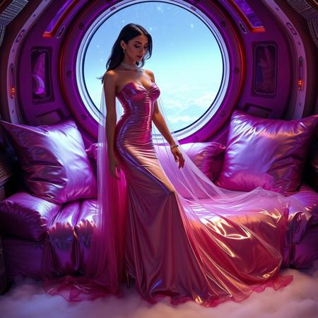 A poised and elegant slender lady, locked  in a sleek, floor-length transparent slime dress, full skirt made of a  giant glossy transparent jellyfish, complete with crystal-encrusted high heels, transparent slime cloak, is situated within a spaceship boudoir cabin, surrounded by weird foil purple pillows, fog from the floor, giant porthole