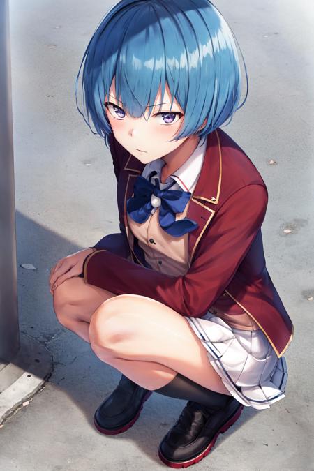 masterpiece, best quality, highres, 1girl ibuki mio short hair blue hair, white skirt red jacket open jacket <lora:ibuki_mio:1> squatting, looking up, (from above:1.4)