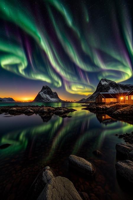 Stunning Aurora Borealis over Lofoten Islands coastline, vibrant colors, dramatic sky, high detail, landscape photography, breathtaking scenery, cinematic lighting, hyper-realistic, 8k resolution, beautiful reflection on water, nature photography, by Ansel Adams and Art Wolfe