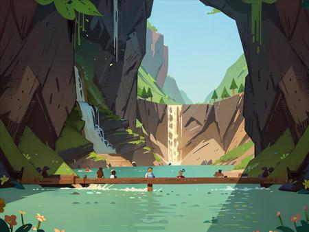 a bridge over a river in a cave like area with a waterfall,style_tombraider,
aqichahua,illustration,flat color,Flat style,Masterpiece,best quality,landscape,plan,<lora:Landscape illustration:0.8>,,day,sunny enough,waterfall of flowing water,æºèµ·çæ°´è±,, Masterpiece, high-quality,