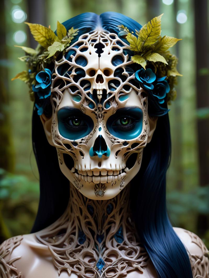 A skeleton head with a blue rose crown.