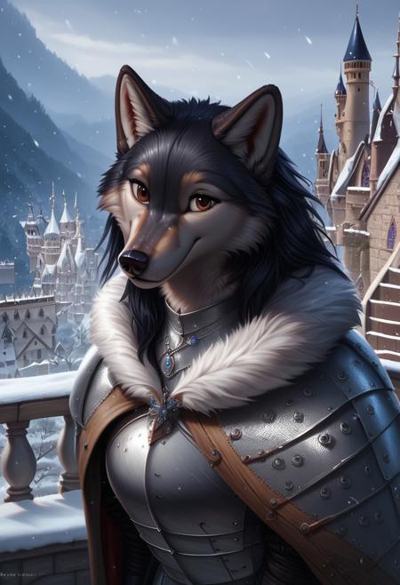 female wolf, tufted fur, tufted ears, cheast tuft, fluffy tail, detailed fur, long black hair, smile, medieval castle, deep black fur, brown eyes, detailed face, silver knight armor, silver hair bowtie, fur cape, snowing, winter, holding sword, balcony, overview, silver necklace, solo,