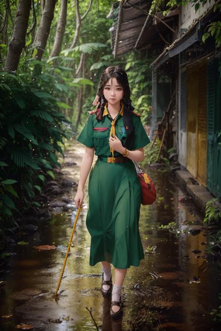 fashion photography portrait of gorgeous girl, wearing (thai_girlscout_uniform:1.2) , walking though lush jungle with flowers and birds, 3d render, cgi, symetrical, octane render, 35mm, bokeh, 9:16, (intricate details:1.12), hdr, (intricate details, hyperdetailed:1.15), (natural skin texture, hyperrealism, soft light, sharp:1.2)

,<lora:epiNoiseoffset_v2:1>,<lora:THgirlscout_v6-000007:1>,