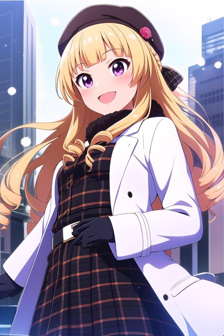 sendouinkaede blonde hair, blunt bangs, half updo, hair bow, purple bow, drill hair, long hair, sidelocks, purple eyes blue jacket, blazer, white sailor collar, yellow bowtie, blue shirt, long sleeves, green skirt, pleated skirt, white thighhighs, school uniform