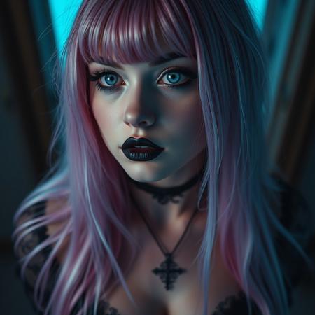 A 20-year-old woman with gothic makeup. Long silky neon pink hair, big blue eyes with thin eyebrows, black lips, small upturned nose. She is the image of a seductive gothic succubus. She exudes a bewitching aura. Ultra-detailed facial details, innocent and playful, soft light glowing, soft incandescent. Staring into the distance. Grey and blue tones, misty atmosphere. Sexy and seductive playful, sexy emo outfit, revealing breasts and some neck and chest tattoos. Her detailed face surrounded by disheveled hair radiates innocence and beauty. Cinematic composition, contrast of light and shadow, adorable bold and detailed face, realistic and fantastical woman, ((full body shot of an attractive woman, view from above, large breasts, deep cleavage, sideboob, very sexy)), Detailed facial texture, ultra-detailed eye and hair details, 8K+ high resolution photos are all showcased.