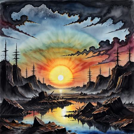 post-apocalyptic sunset at the end of the world of the new dawn aquarelle drawing