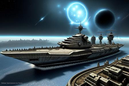 a space pirate battleship among the ruins of an advanced, futuristic city