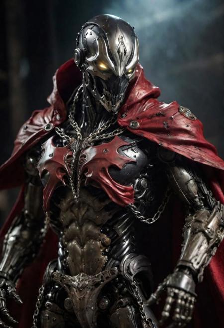 a photograph of spawn, balanced composition, made of black goo, (weathered patina:1.2), black costume, animated red cape made of liquid, "M" on chest, chains, moody lighting, cinematic, complex robot, biomechanical, hyper detailed <lora:compb0t:0.5> <lora:Spawn:0.8> comprobo