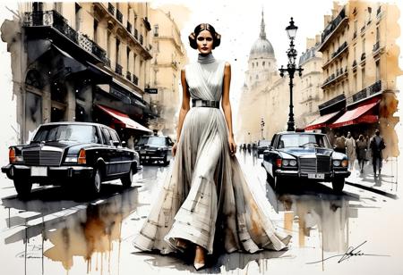 Christian Dior Princess Leia preliminary rough draft ink sketch watercolor wash on off white paper of elegant Haute Couture concept dress with classic Paris street background
painting in the style of artists such as Russ Mills, Sakimichan, Vlop, Leush, Artgerm, Darek Zabrocki and Jean-Baptiste Monge,