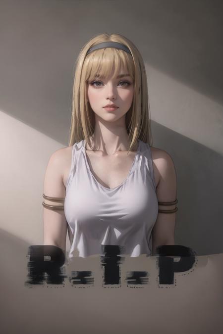 portrait, straight-on, 
masterpiece, best quality, high quality, highres, solo,moody lighting, BREAK,
ANIME_AttackOnTitan_YmirFritz_ownwaifu, www.ownwaifu.com, 
1girl, blonde hair, grey eyes, bangs, breasts, collarbone, hair over eyes, lips, long hair, medium breasts,  shaded face, 
shibari over clothes, hairband,  armlet, bare shoulders, grey dress, hair ornament, sleeveless, tank top, 
<lora:ANIME_AttackOnTitan_YmirFritz_ownwaifu-15:0.7> , text,