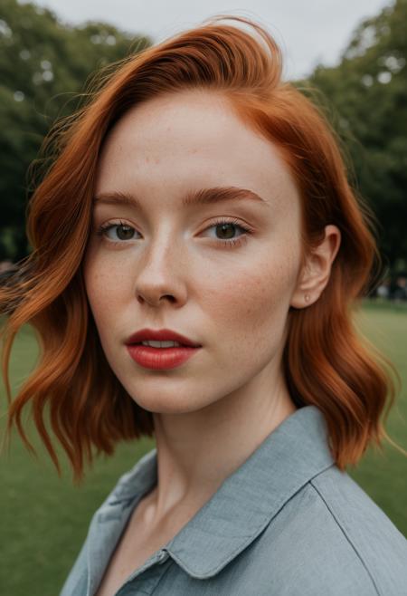 <lora:JuggerCineXL2:0.8>  raw photo, raw picture, realism, realistic style, a photo \(medium\) of katiekones \(subject\), wearing acute outfit for me \(wardrobe\), in the park \(background\), looking off camera, red hair, thin lips, facial skin fuzz, body freckles, full body, portrait, highres, best quality, full sharp, 4 k photography, real <lora:katiekones_v1:1>, detailed skin texture, (blush:0.5), (goosebumps:0.5), subsurface scattering, RAW candid cinema, 16mm, color graded portra 400 film, remarkable color, ultra realistic, textured skin, remarkable detailed pupils, realistic dull skin noise, visible skin detail, skin fuzz, dry skin, shot with cinematic camera