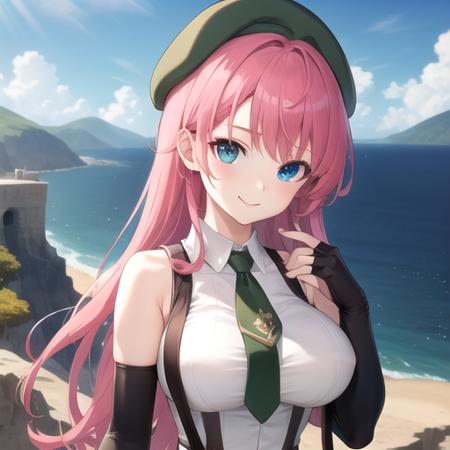 ((masterpiece)),(best quality),official art,extremely detailed CG,unity 8k wallpaper,ultra detailed,A lighthouse on a cliff by the sea,1girl,solo,upper body,(portrait:1.2),large breasts,gloves,suspenders,shorts,long hair,necktie,seductive smile,beret,pink hair,fingerless gloves,blue eyes,black thighhighs,sleeveless,shirt,suspender shorts,standing,looking_at_viewer,<lora:Novice female-1.7(TNT):0.6>