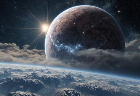 view from space on an ancient planet shrouded in clouds, a dying star in the background