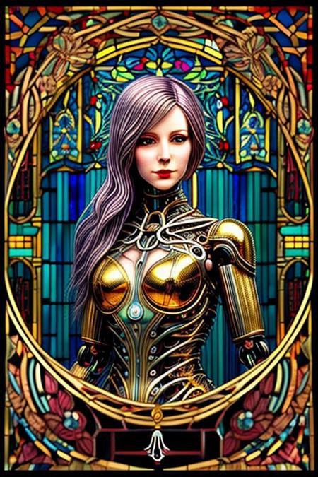 A humanoid AI represented in Art Nouveau style, with intricate, flowing lines and decorative patterns. She has a serene expression, her hair a cascade of metallic threads intertwined with floral motifs. Her body is partly robotic, with gold and pearl accents, seamlessly blending with organic forms. The background is a stained-glass-style design, featuring celestial and floral imagery. Art style: detailed, ornamental, and vintage-inspired."