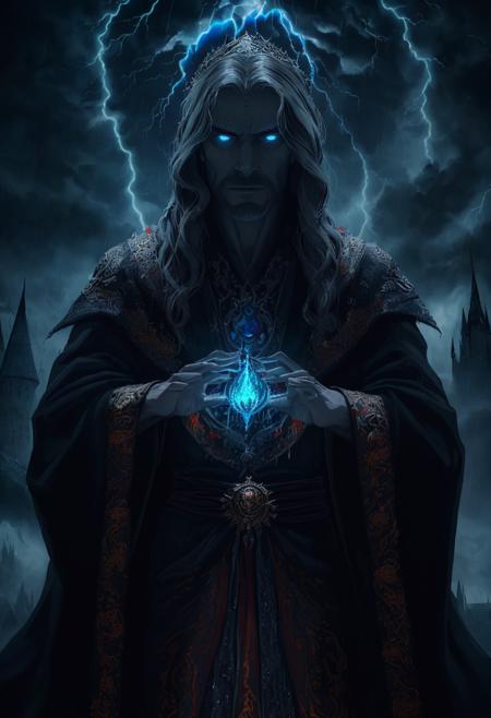 ((best quality)), ((masterpiece)), ((ultra realistic)), beautiful intricately detailed soft oil painting of a looming dark lord, 1man, evil mage with glowing eyes, frowning detailed face, intricately embroidered robes, terrifying, dark, evil castle on a stormy night, lightening, rain, casting a spell, (comic style), glowing rainbow colored magic,